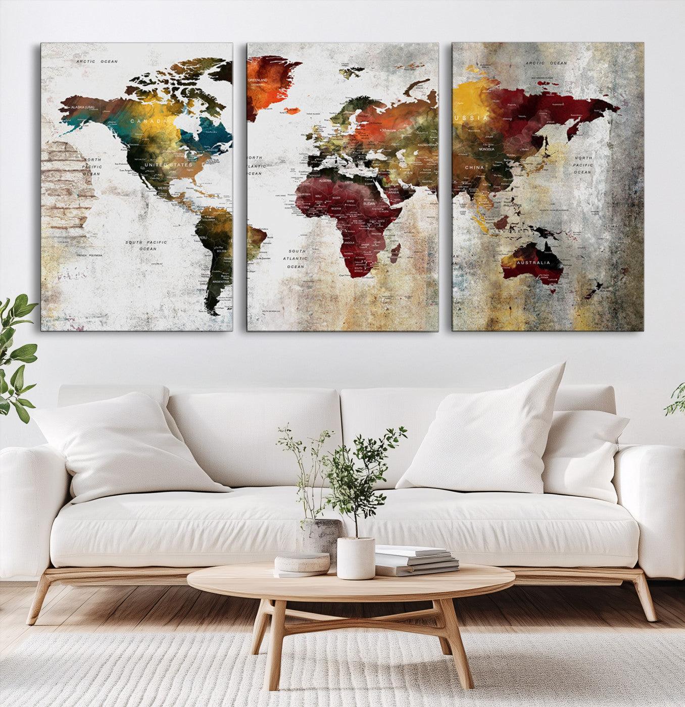 37237-MGV-CV-60X30-3P-Wall Art Dark World Map on Light Background Canvas Print