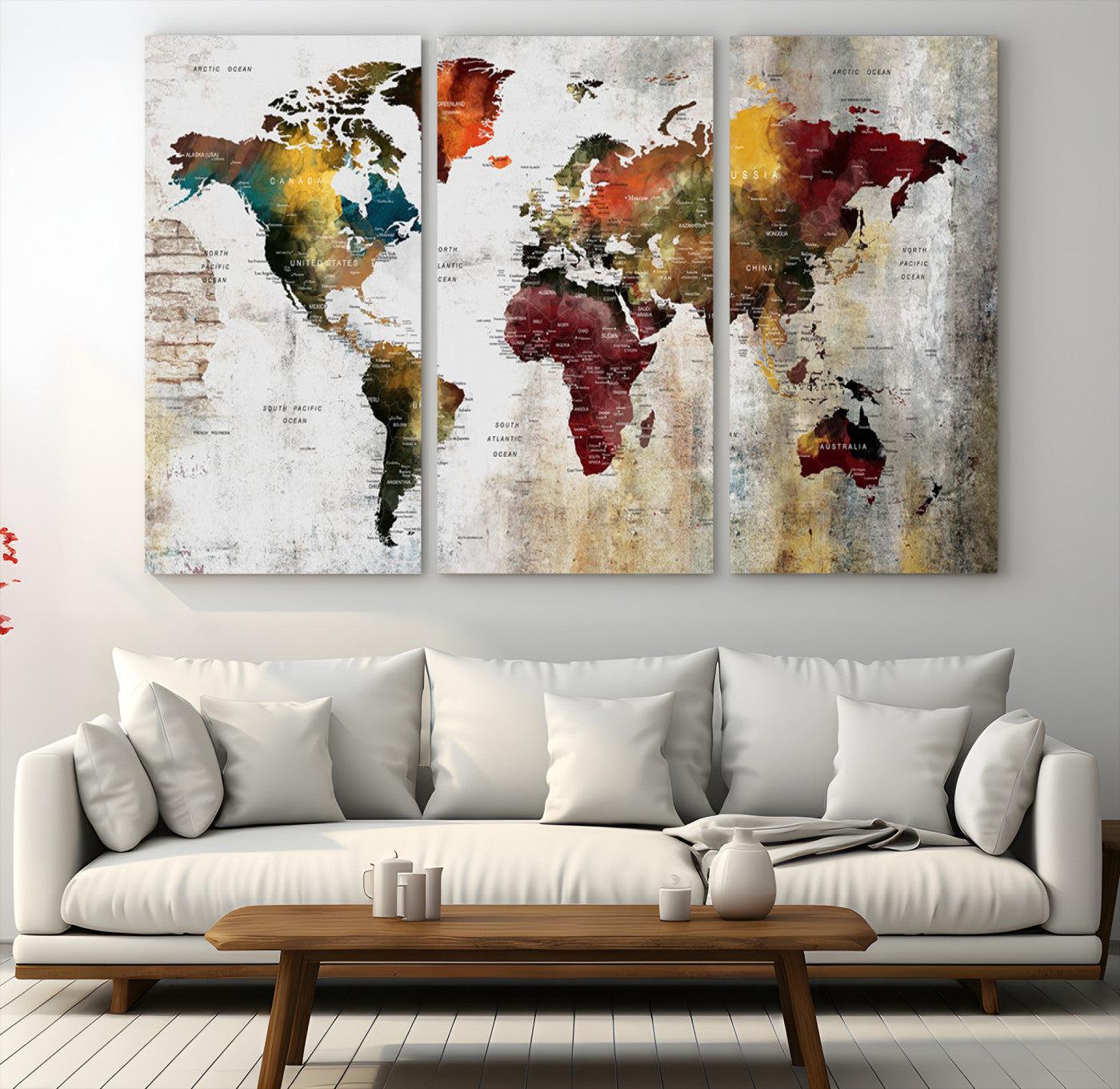 37237-MGV-CV-60X40-3P-Wall Art Dark World Map on Light Background Canvas Print