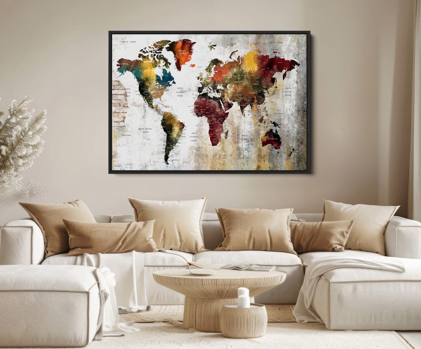 37237-MGV-FC-36X24_Black-Wall Art Dark World Map on Light Background Canvas Print