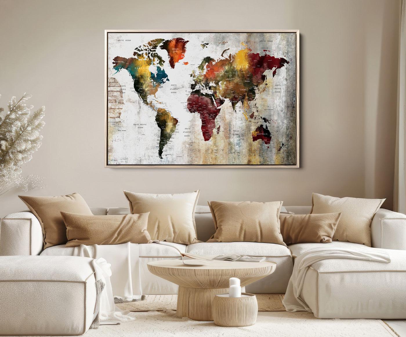 37237-MGV-FC-36X24_Natural-Wall Art Dark World Map on Light Background Canvas Print