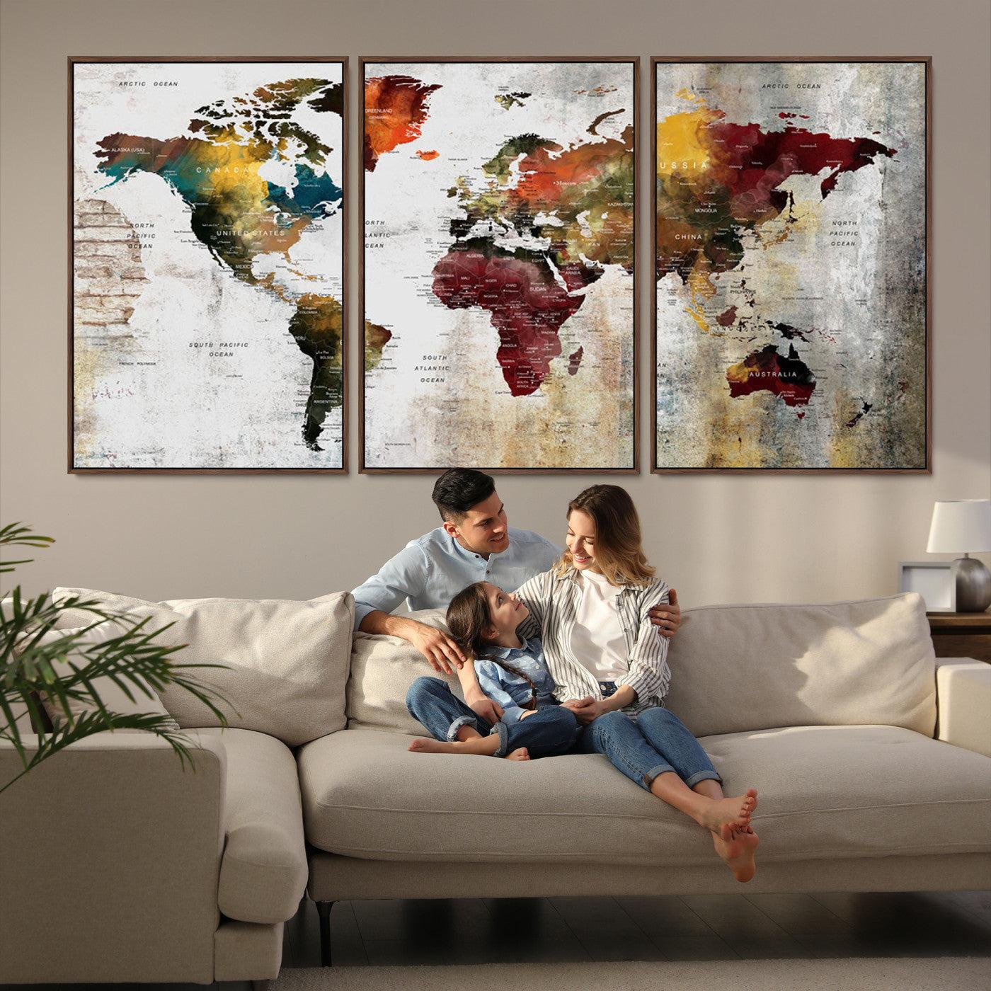 37237-MGV-FC-60X30-3P_Walnut-Wall Art Dark World Map on Light Background Canvas Print
