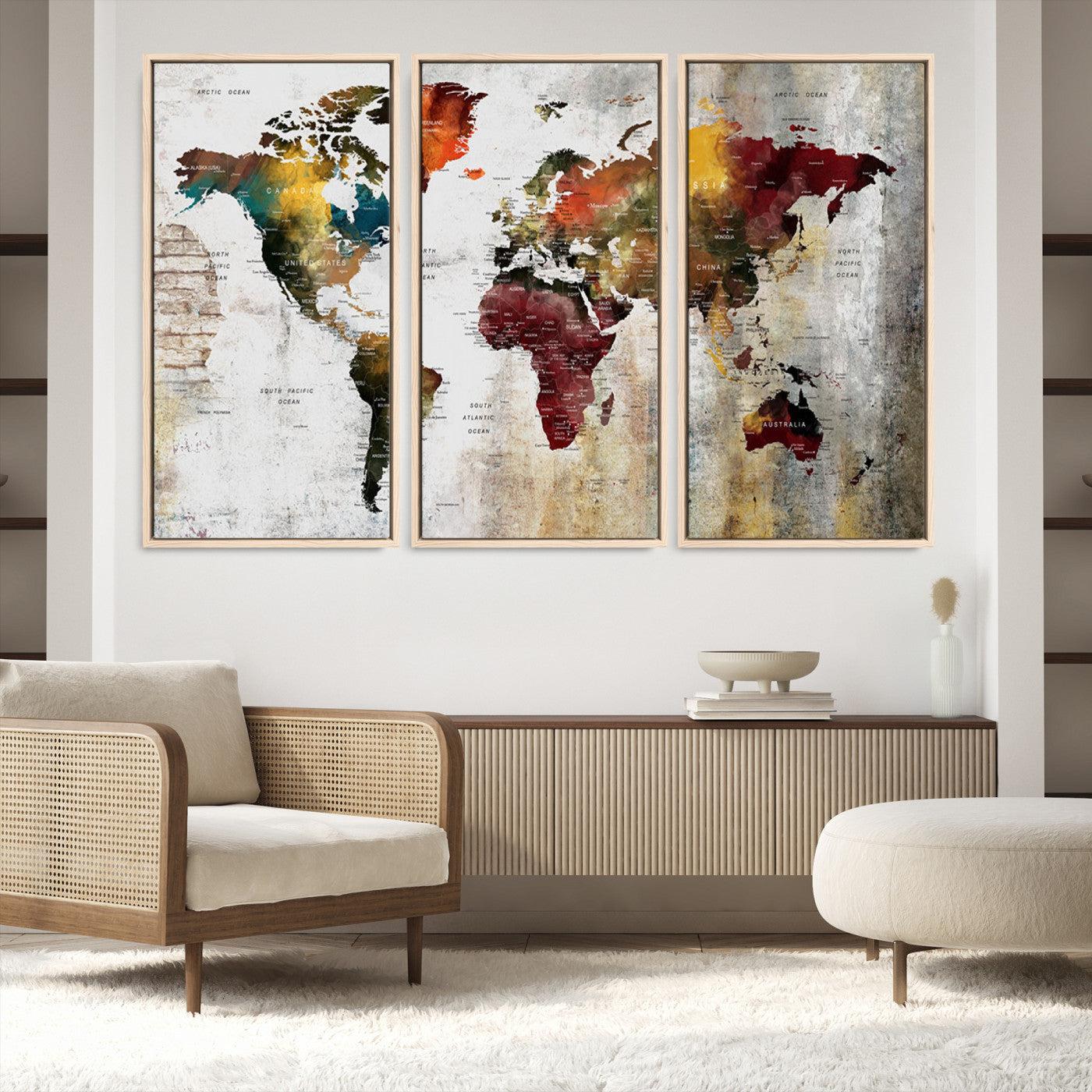 37237-MGV-FC-60X40-3P_Natural-Wall Art Dark World Map on Light Background Canvas Print