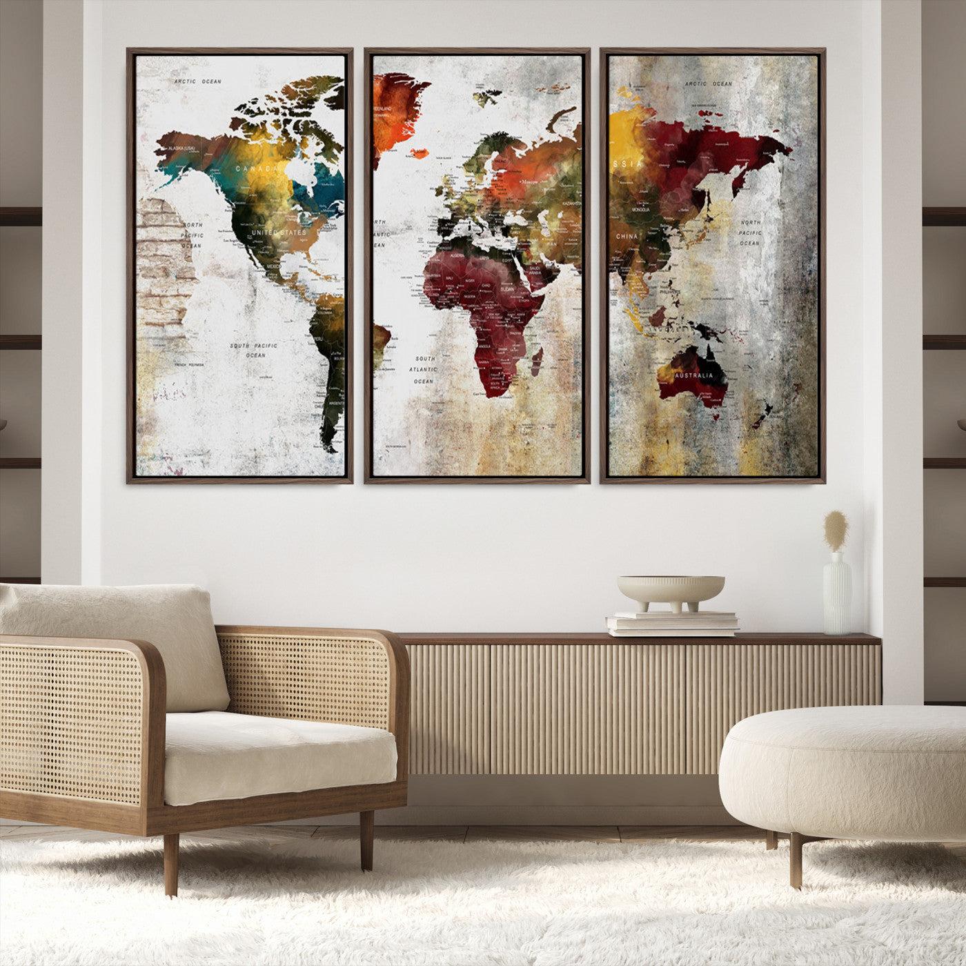 37237-MGV-FC-60X40-3P_Walnut-Wall Art Dark World Map on Light Background Canvas Print
