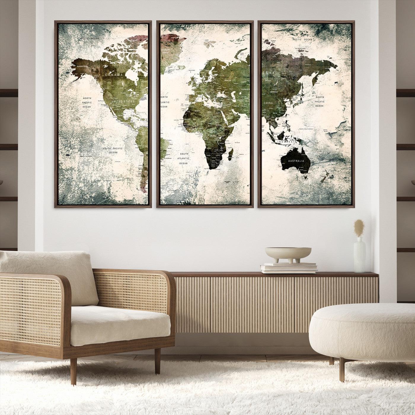 14328-MGV-FC-48X32-3P_Walnut-World Map Canvas PRINT, World Map Canvas Art
