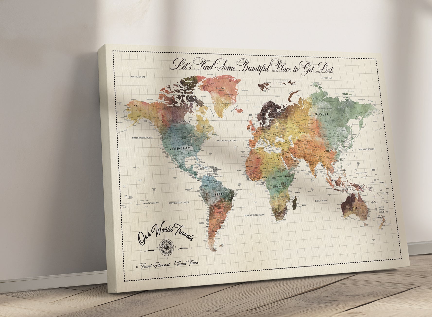 '-Custom Framed World Map Canvas Print – Personalized Push Pin Travel Tracker Gift for Couples, Weddings, or Anniversary Celebrations - H76
