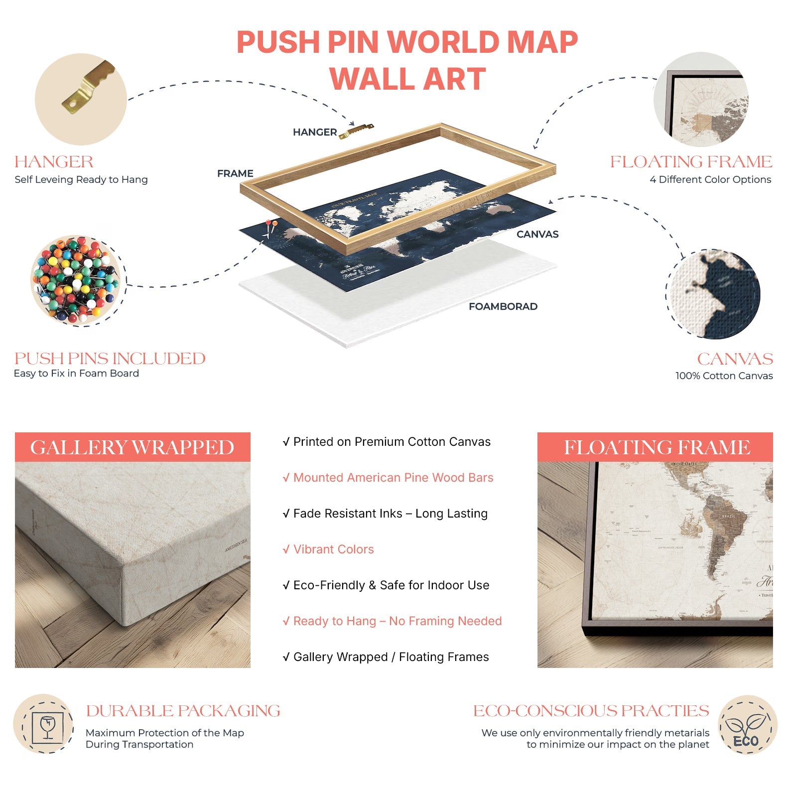 73306535-MGV-CV-36X24-Custom Push Pin World Map Wall Canvas Print – Personalized Travel Tracker for Anniversy Gift – Framed Custom Quotie Canvas for Home Office Decor