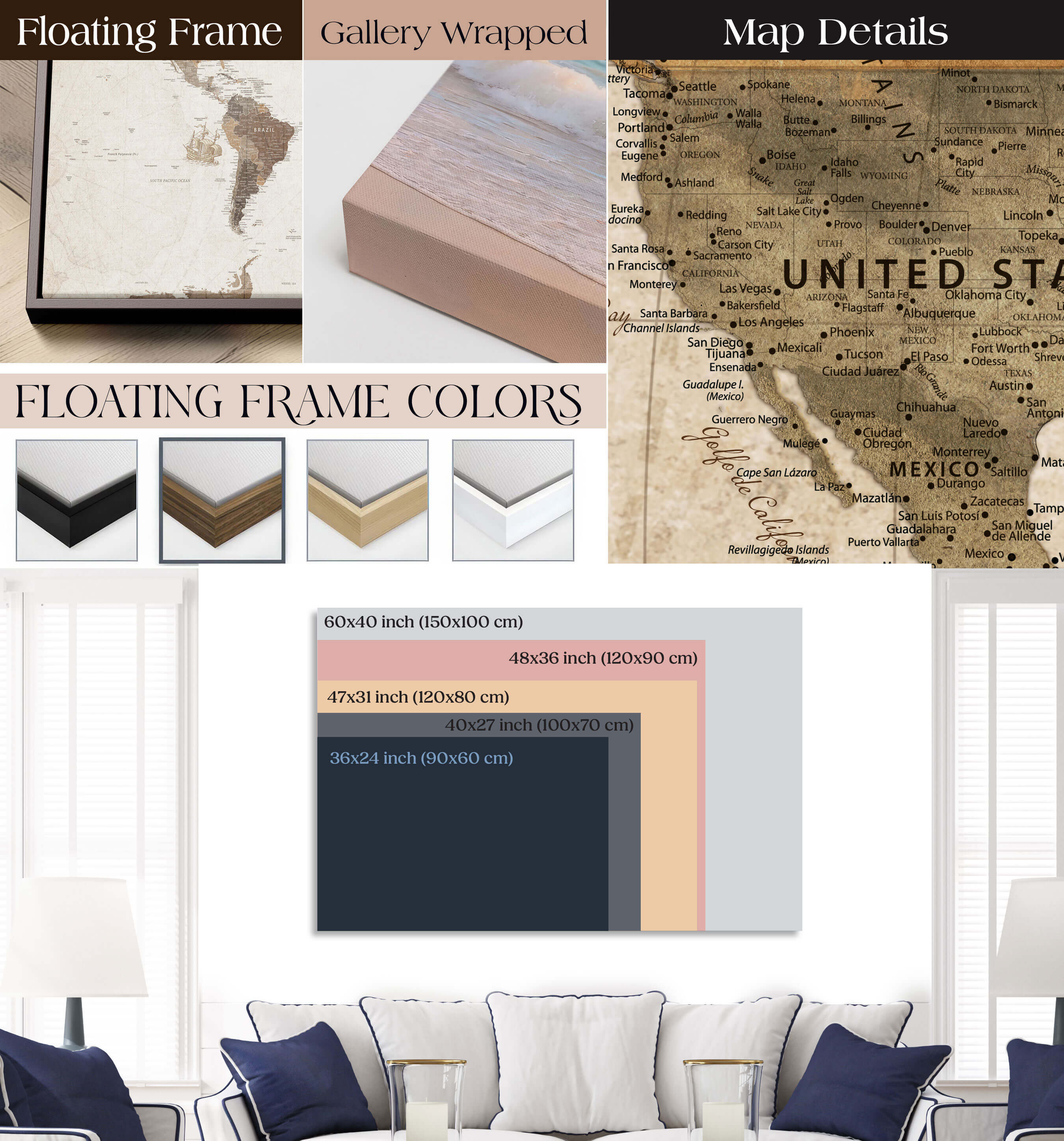 29289638-MGV-CV-36X24-Personalized World Map Print - Customizable Push Pin Framed World Map Print on Canvas - Custom Quote on Map Print