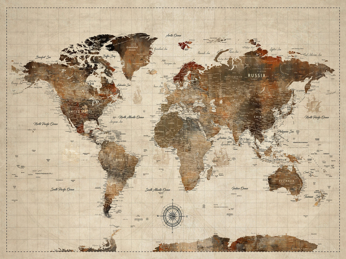 Large Custom Framed Beige Vintage World Travel Map Wall Art with Pins, Couples Countries Visited Map, Living Room and Hallway Decor