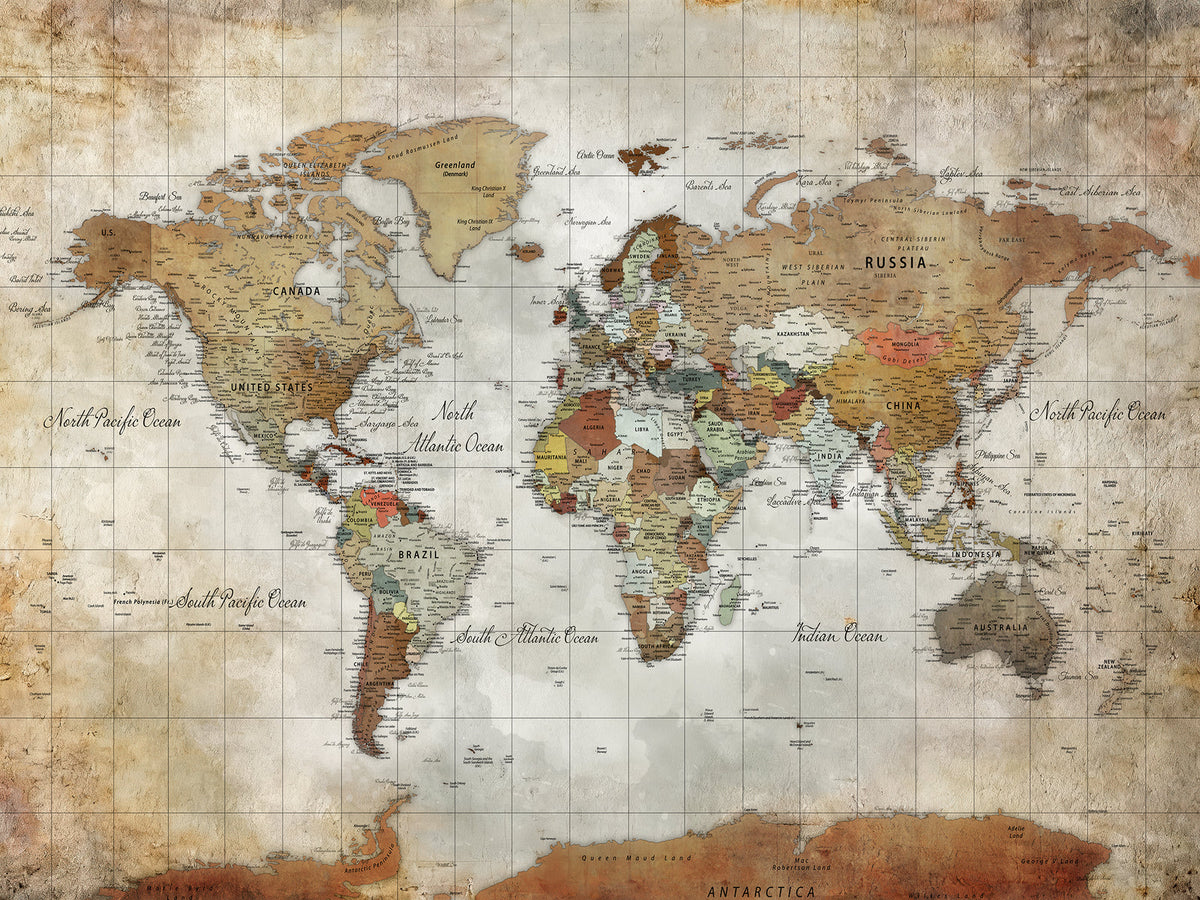 Personalized Beige Push Pin World Map Wall Art, Bucket List Map, Living Room and Family Room Decor