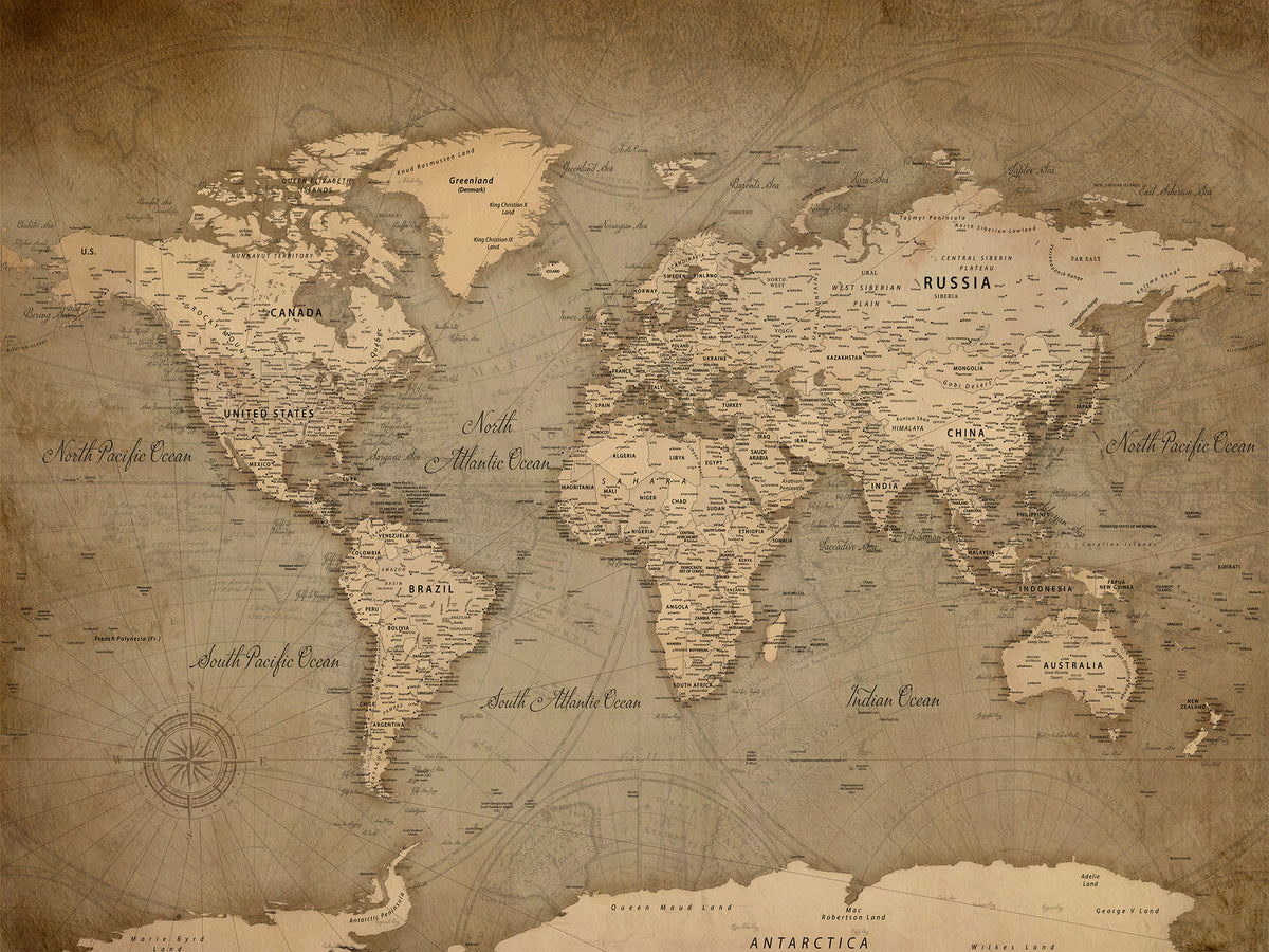Personalized Framed Beige World Travel Map Wall Art with Pins, Family Travel Tracker, Family Room and Entryway Decor