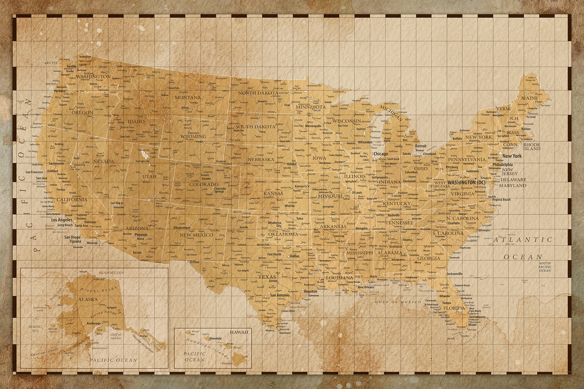Personalized Beige United States Travel Map Canvas with Push Pins, Road Trip Route Map, Entryway Decor