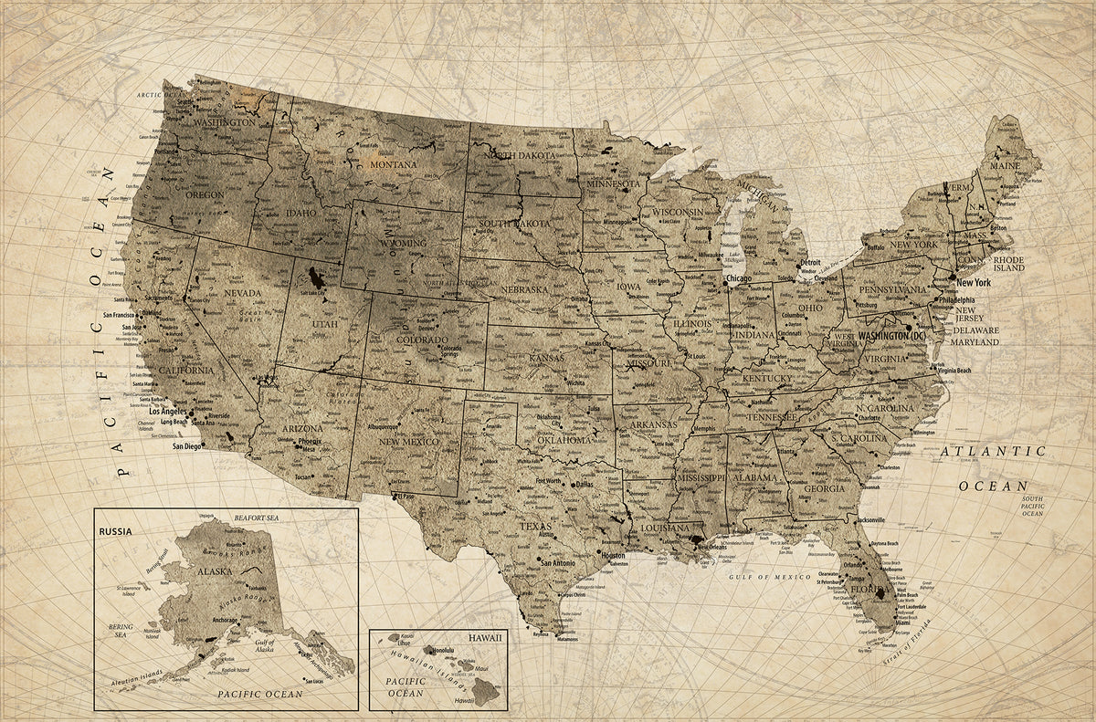 Personalized Beige USA Travel Map Canvas with Push Pins, Road Trip Route Map, Study and Entryway Decor
