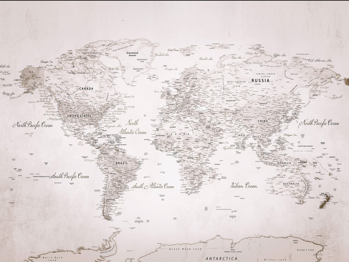 Personalized Beige Vintage World Travel Map Wall Art with Pins, Honeymoon and Anniversary Gift, Entryway and Hallway Decor