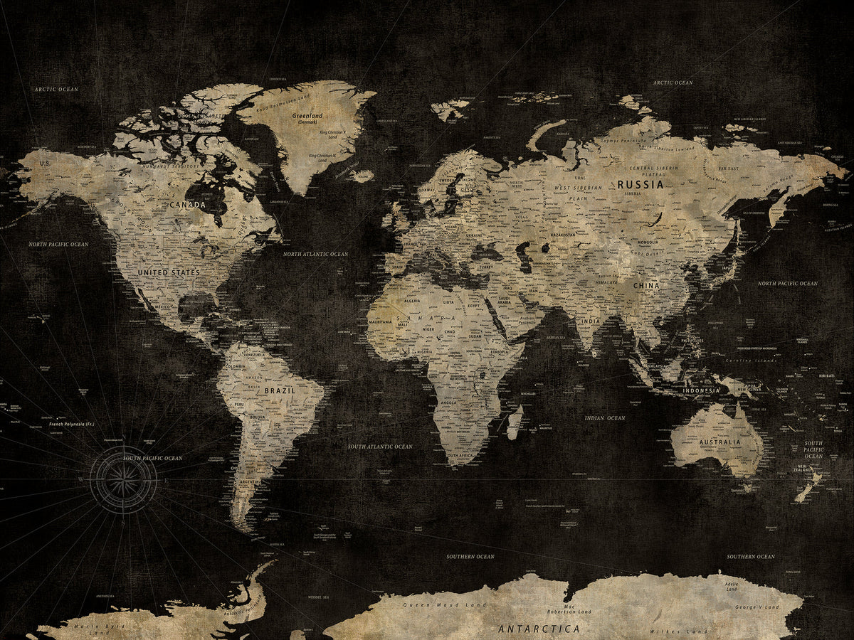 Personalized Framed Black Modern World Map Canvas with Push Pins, Next Trip Planner Map, Dining Room and Home Office Decor