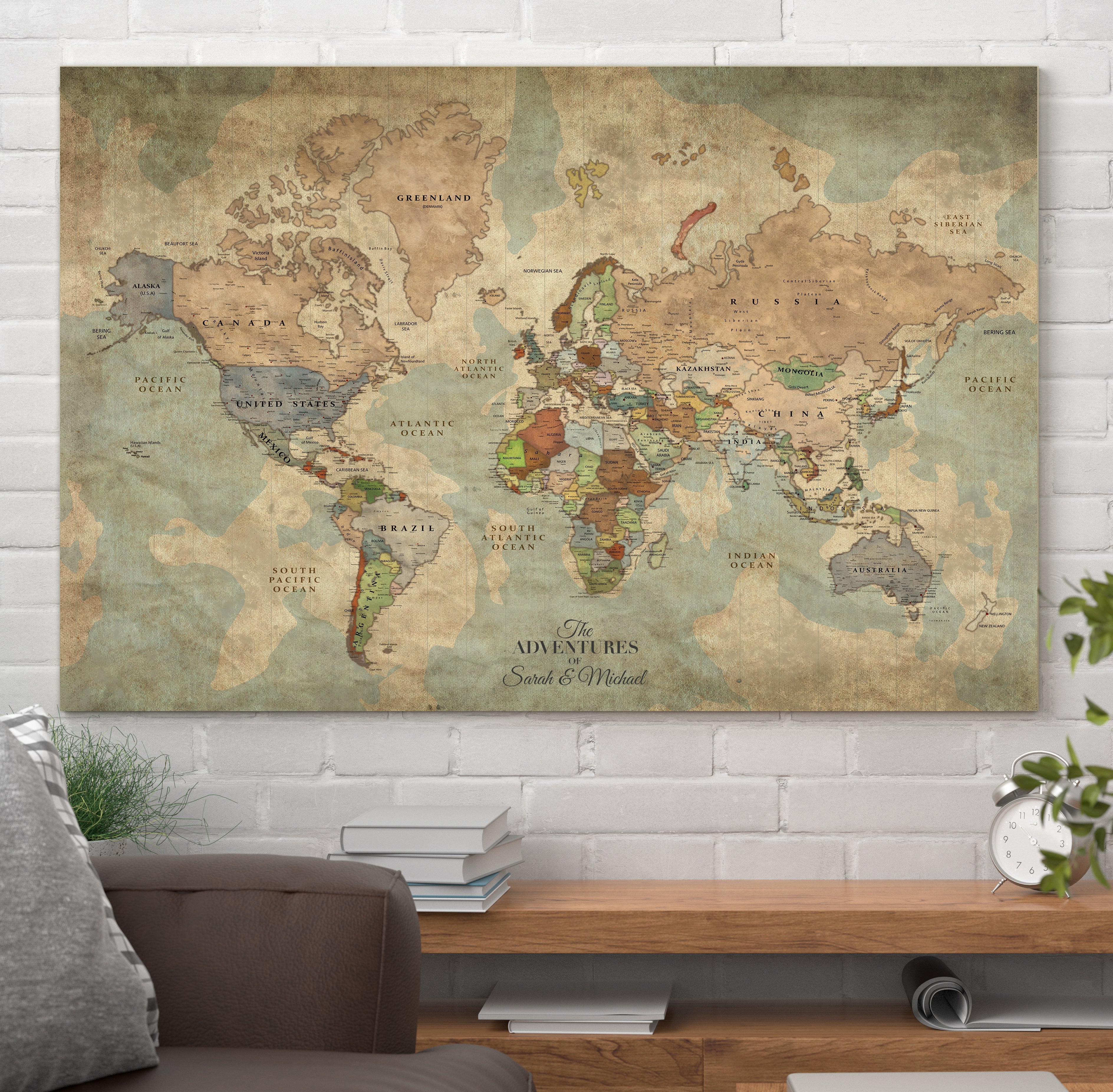 Personalized Push Pin World Map Wall Art Canvas Print - Custom World Map - Detailed Map of World Artwork - Ready to Hang Travelled World Map-D14