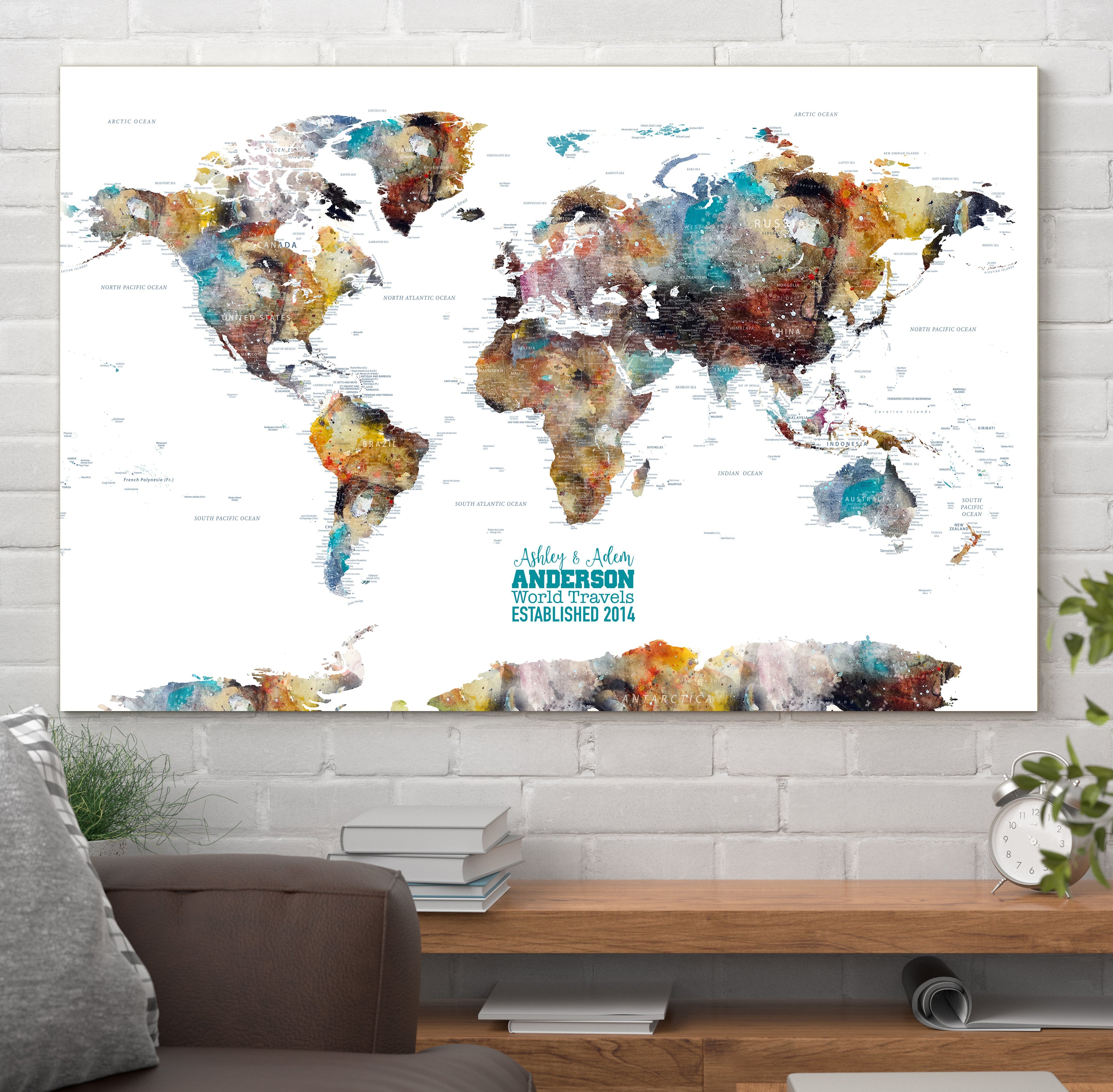 Personalized Push Pin World Map Wall Art Canvas Print - Custom World Map - Detailed Map of World Artwork - Ready to Hang Travelled World Map-D6