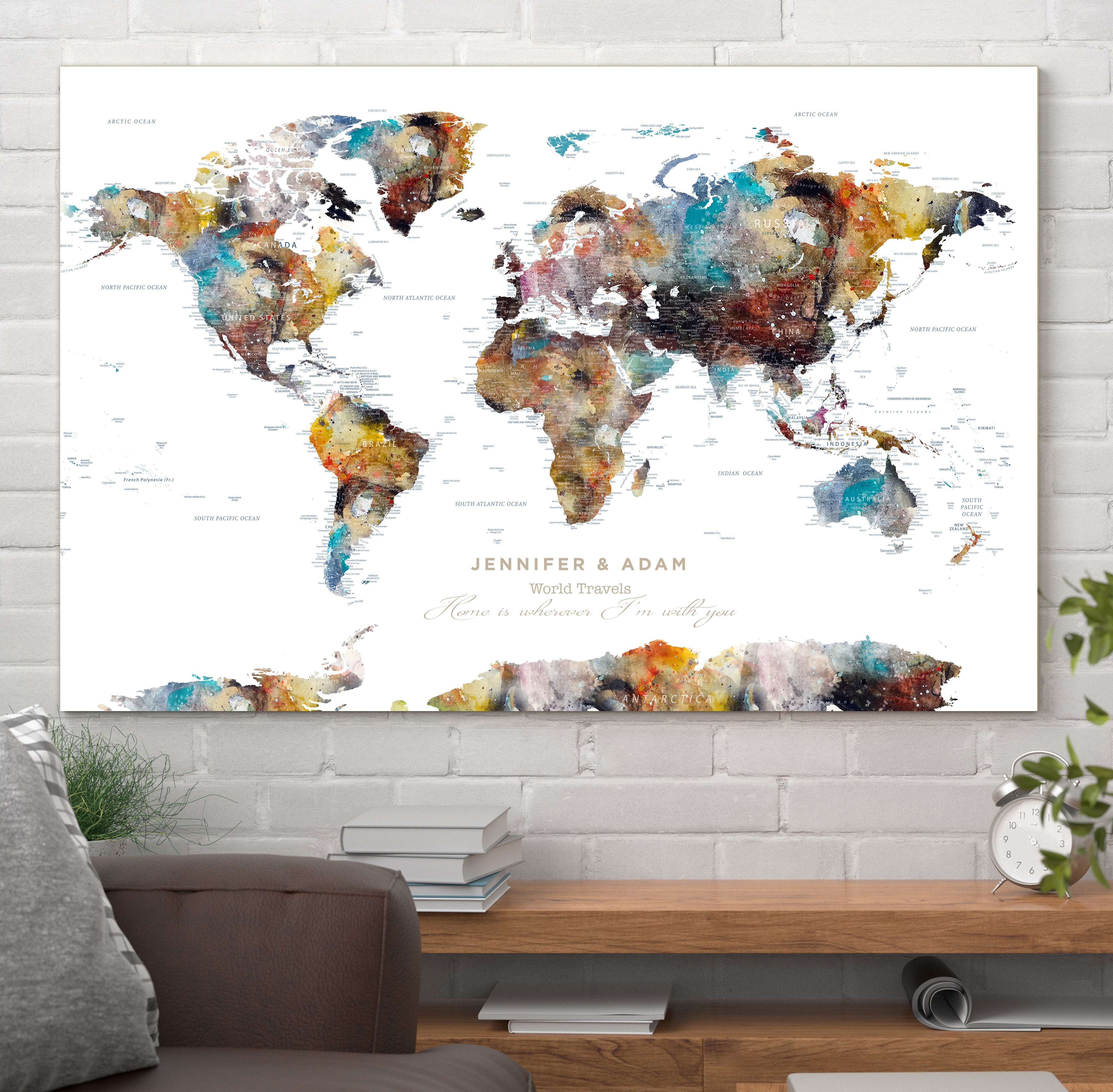 Personalized Push Pin World Map Wall Art Canvas Print - Custom World Map - Detailed Map of World Artwork - Ready to Hang Travelled World Map-D7