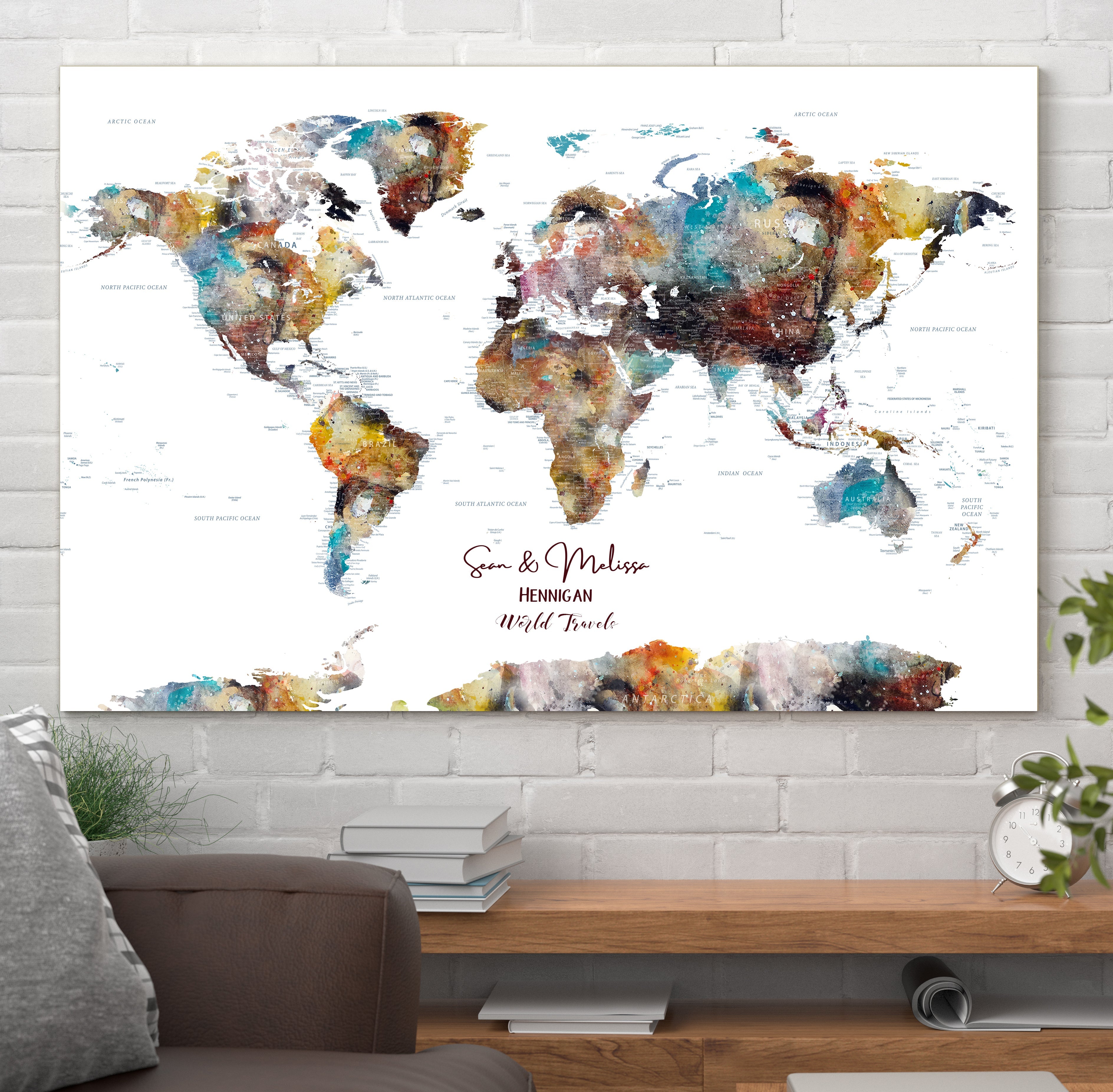 Personalized Push Pin World Map Wall Art Canvas Print - Custom World Map - Detailed Map of World Artwork - Ready to Hang Travelled World Map-D12