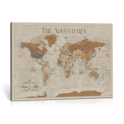 Custom World Map Canvas with Push Pins, Family Travel Tracker, Bedroom and Entryway Decor