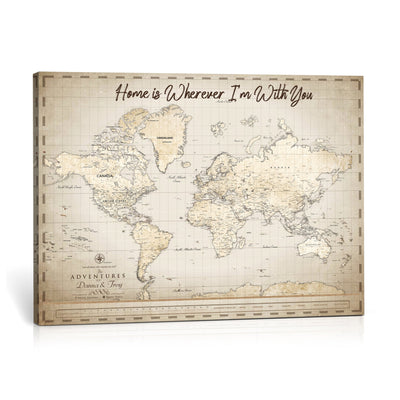 Custom Beige Push Pin Travel Map Canvas Print, Bucket List Map, Dining Room and Hallway Decor