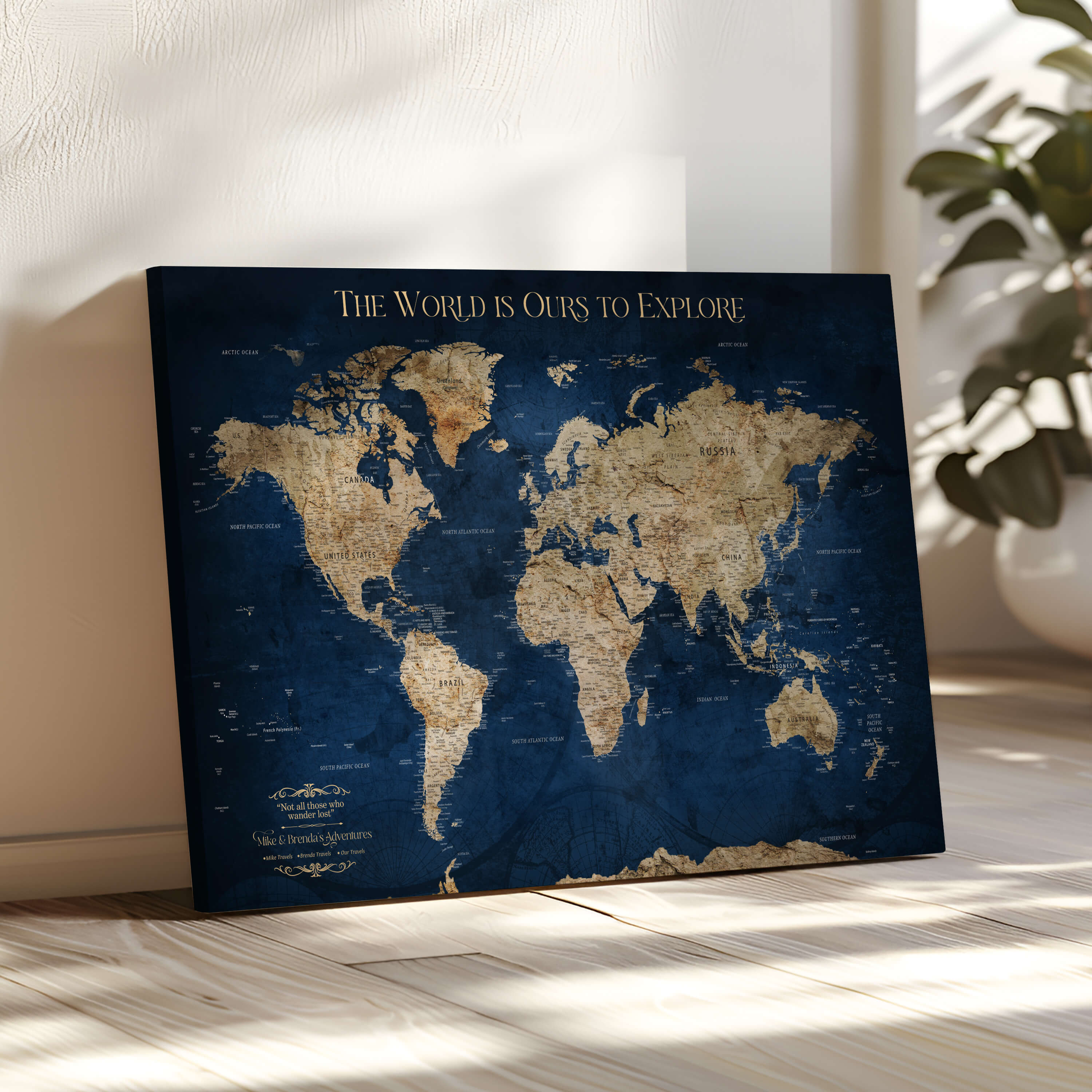 Custom World Map Wall Art – Personalized Framed Canvas Print with Push Pins for Travel Tracking, Anniversary or Couple Gift Ideas - H2-2