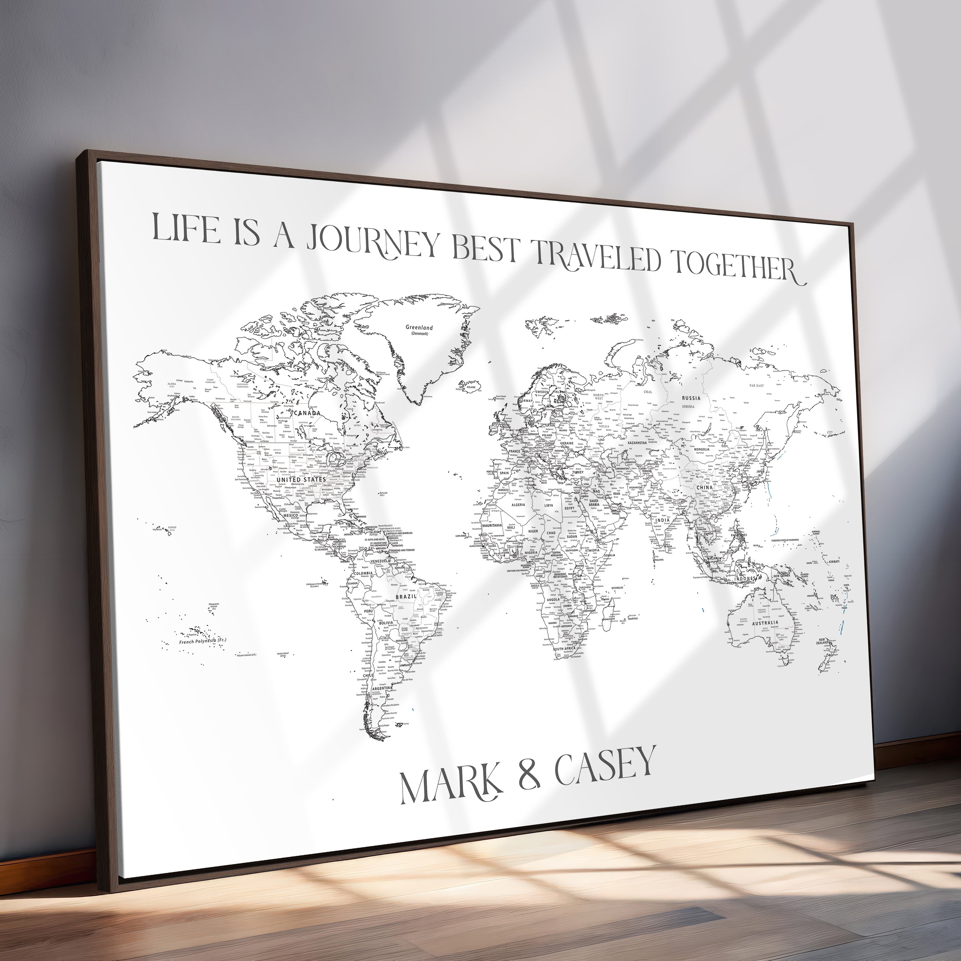 '-Framed Personalized World Map Canvas Custom Push Pin Travel Tracker Gift - H42