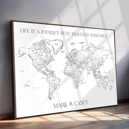CSM02-MGV-CV-36X24-Custom Push Pin World Map Print – Personalized Canvas Wall Art for Travel Memories, Framed Gift for Couples, Anniversary or Wedding