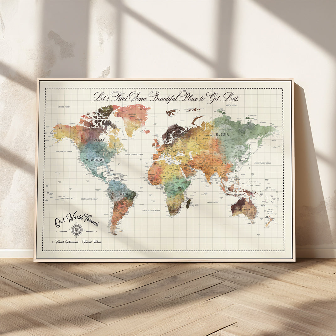 '-Custom Framed World Map Canvas Print – Personalized Push Pin Travel Tracker Gift for Couples, Weddings, or Anniversary Celebrations - H76