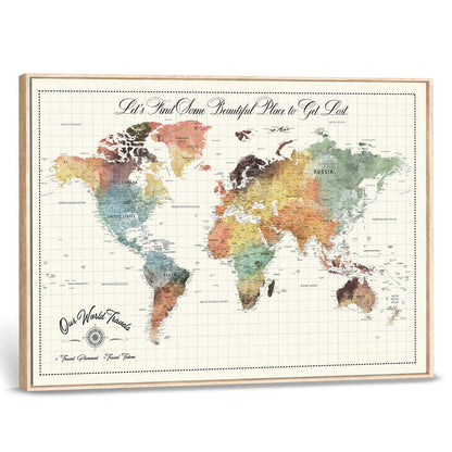 '-Custom Framed World Map Canvas Print – Personalized Push Pin Travel Tracker Gift for Couples, Weddings, or Anniversary Celebrations - H76