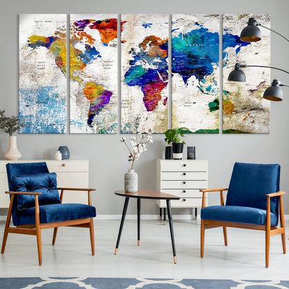 Push Pin World Map Canvas Print – Framed Wall Art for Couples to Track Their Travels – Anniversary Gift or Home Adventure Decor