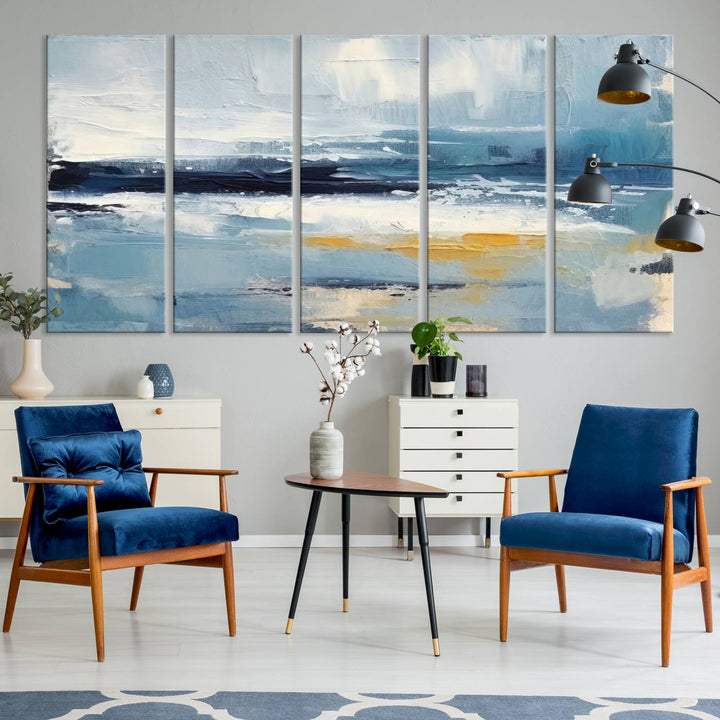 Abstract Ocean Canvas Wall Art - Coastal Blue and Gold Textured Painting, Modern Seascape Decor for Living Room Decor