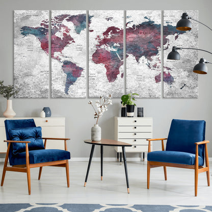 Push Pin World Map Canvas Print – Framed Wall Art for Couples to Track Their Travels – Anniversary Gift or Home Adventure Decor