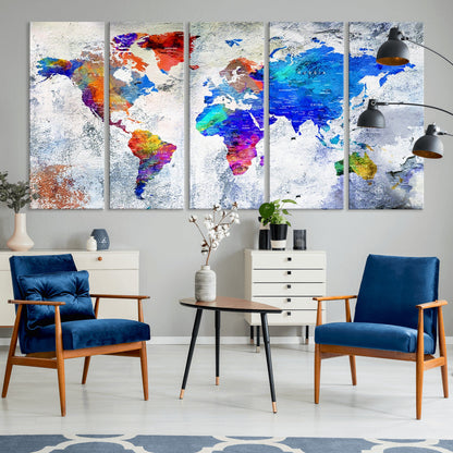 Push Pin World Map Canvas Print – Framed Wall Art for Couples to Track Their Travels – Anniversary Gift or Home Adventure Decor