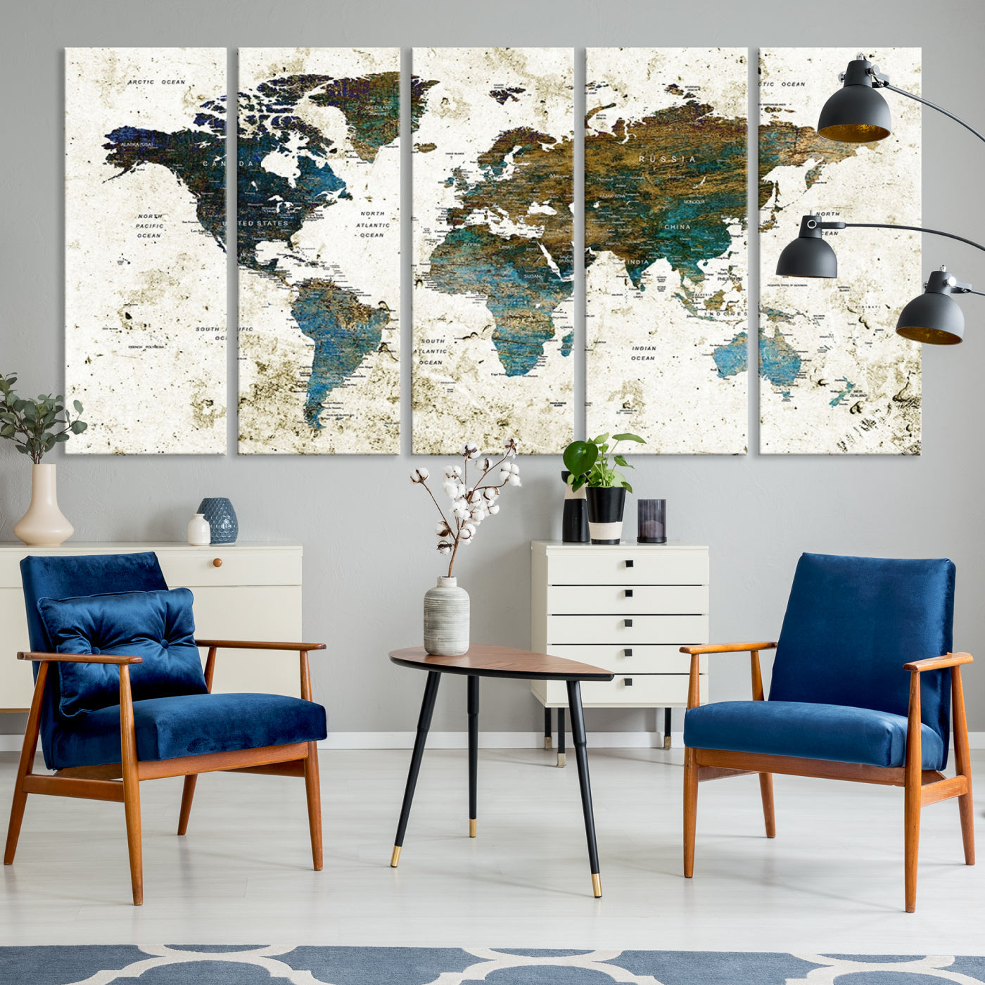 Vintage World Map Wall Art Canvas Print, Framed Rustic Earth Map Art Picture Print, Antique Map Perfect Rustic Vintage Decor Artwork