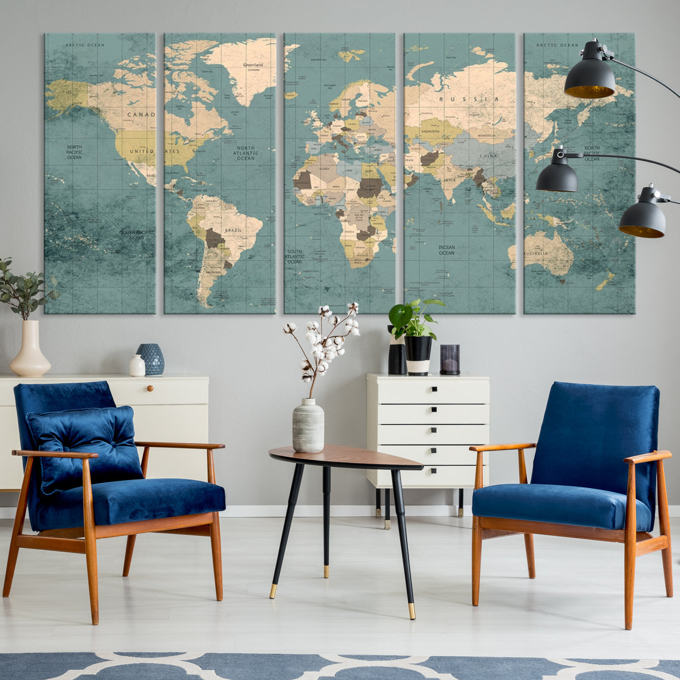 Classic World Map Wall Art Canvas Print, Framed Retro Map Art Picture Print, Vintage Atlas Perfect Rustic Explorer Decor Artwork