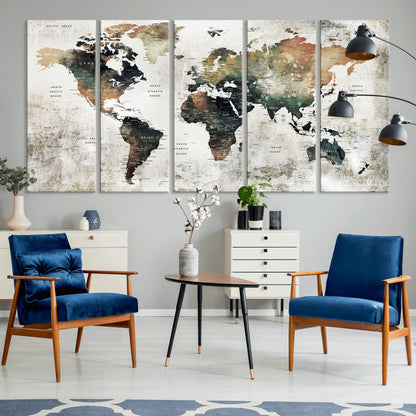 Push Pin World Map Canvas Print – Framed Wall Art for Couples to Track Their Travels – Anniversary Gift or Home Adventure Decor