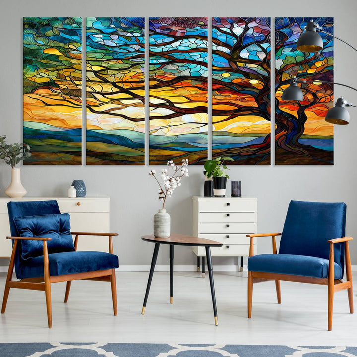 A vivid Tree of Life in stained glass style is depicted with twisted branches, a colorful sky, and hills on a ready-to-hang canvas.