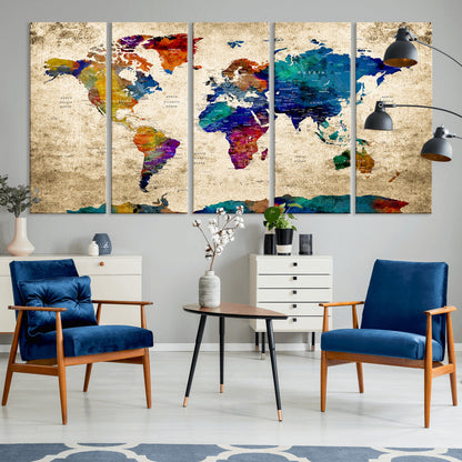Push Pin World Map Canvas Print – Framed Wall Art for Couples to Track Their Travels – Anniversary Gift or Home Adventure Decor