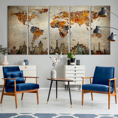Push Pin World Map Canvas Print – Framed Wall Art for Couples to Track Their Travels – Anniversary Gift or Home Adventure Decor