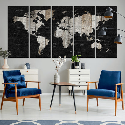 Push Pin World Map Canvas Print – Framed Wall Art for Couples to Track Their Travels – Anniversary Gift or Home Adventure Decor
