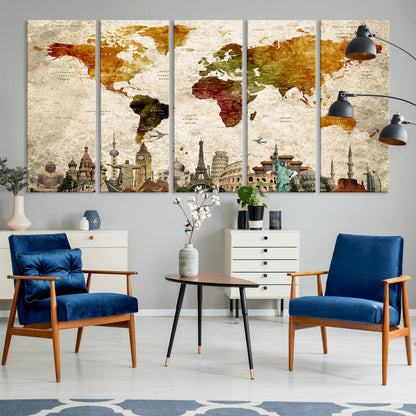 Push Pin World Map Canvas Print – Framed Wall Art for Couples to Track Their Travels – Anniversary Gift or Home Adventure Decor