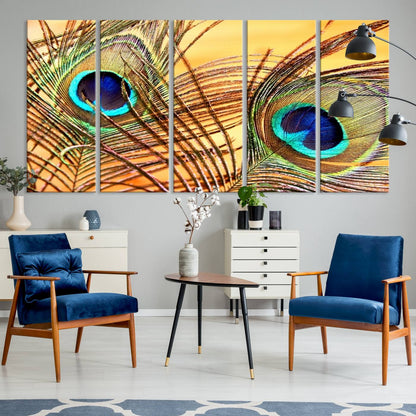 Peacock Feather Wall Art Print - Vibrant Green, Blue, and Orange Peacock Feather Design, Ready to Hang