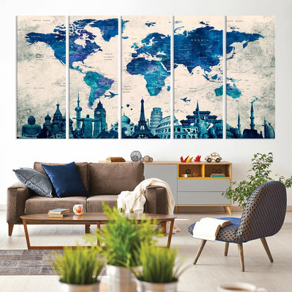 Navy Blue World Map Canvas Print, Wonder of World Map Push Pin Canvas Print