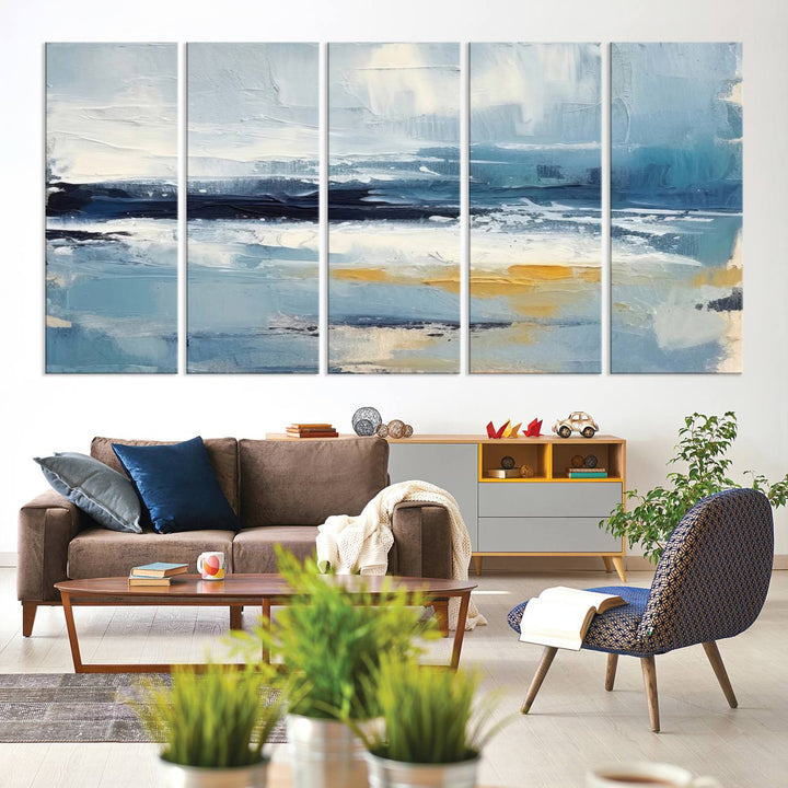 Abstract Ocean Canvas Wall Art - Coastal Blue and Gold Textured Painting, Modern Seascape Decor for Living Room Decor