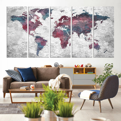 Push Pin World Map Canvas Print – Framed Wall Art for Couples to Track Their Travels – Anniversary Gift or Home Adventure Decor