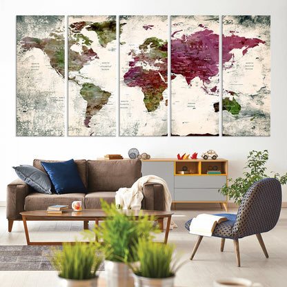Push Pin World Map Canvas Print – Framed Wall Art for Couples to Track Their Travels – Anniversary Gift or Home Adventure Decor