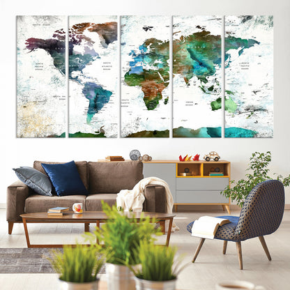 Push Pin World Map Canvas Print – Framed Wall Art for Couples to Track Their Travels – Anniversary Gift or Home Adventure Decor