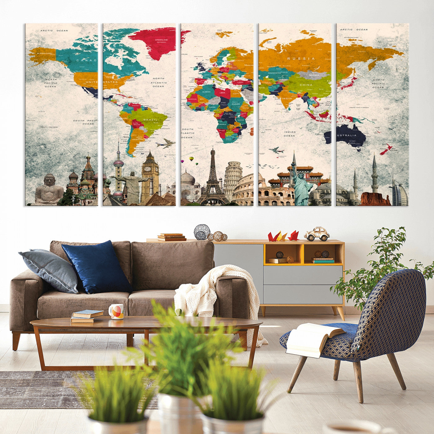 Push Pin World Map Canvas Print – Framed Wall Art for Couples to Track Their Travels – Anniversary Gift or Home Adventure Decor