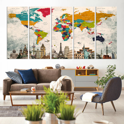 Push Pin World Map Canvas Print – Framed Wall Art for Couples to Track Their Travels – Anniversary Gift or Home Adventure Decor