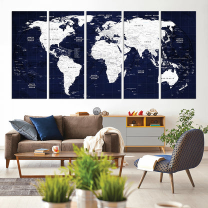 Push Pin World Map Canvas Print – Framed Wall Art for Couples to Track Their Travels – Anniversary Gift or Home Adventure Decor